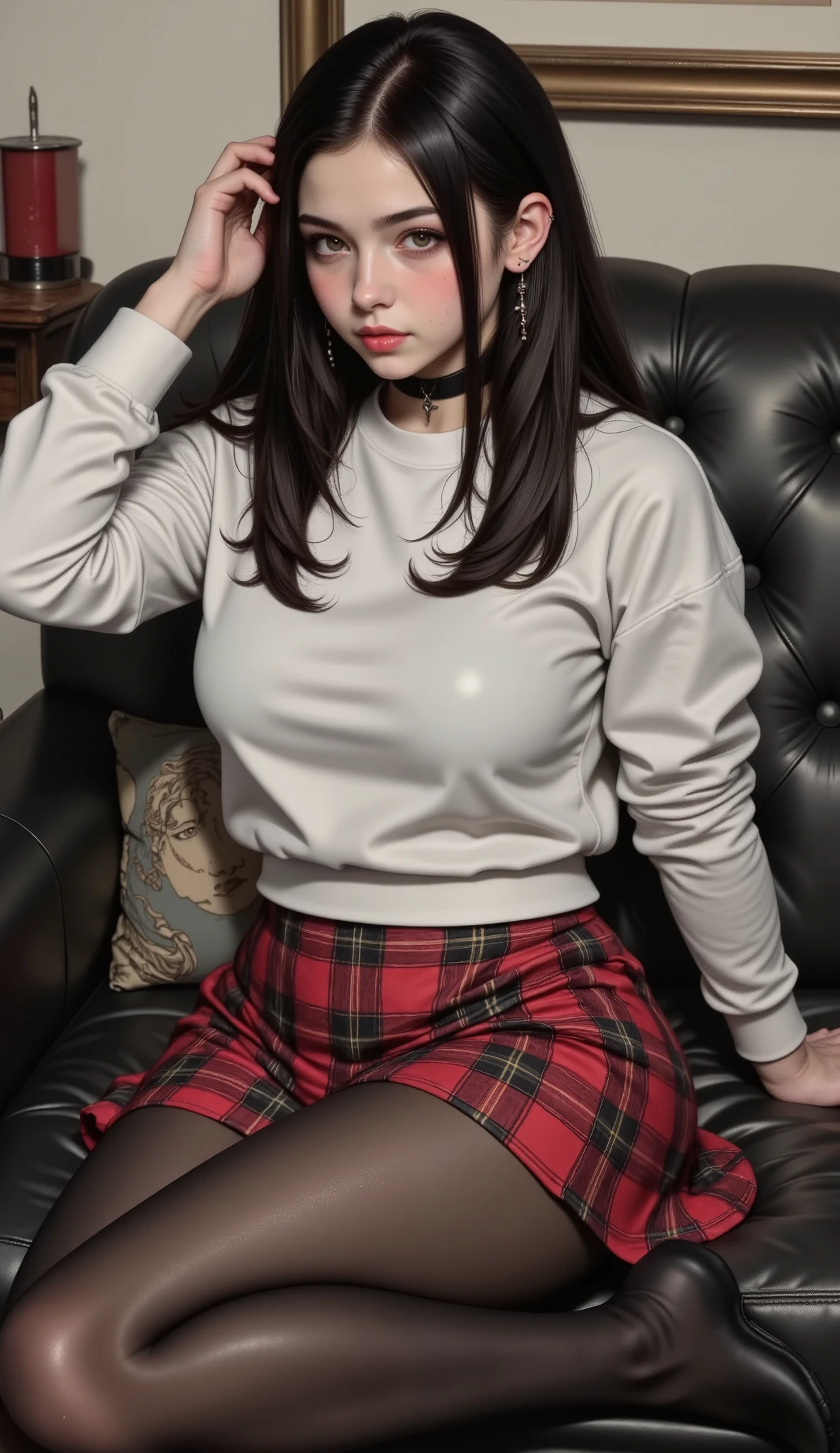 Best quality,high quality,masterpiece,detailed,high resolution,A girl with long hair,shiny jet black hair,white sweatshirt and a red checked skirt.(Non-shiny Black pantyhose,matte black pantyhose:1.3),sitting on a sofa,detailed and beautiful portrait,,highly detailed portrait,portrait of a girl,nice detailed art,Detailed woman,extremely Detailed woman,Detailed illustration of portrait,Beautiful drawing style,extremely detailed portrait,with long hair and piercing eyes,large breasts,