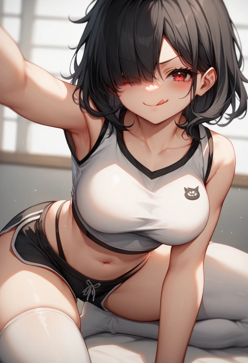 1 girl, five fingers, Top Yoga Wear, looking down at the audience, Double tail, best quality,Panty focus, dynamic poses, Smile is seductive and smug, suit, Yoga pantyhose, Transparent under crotchless pantyhose, Female gym trainer, spread legs,sexy and seductive,blush,stick out tongue,Big ,G cup,