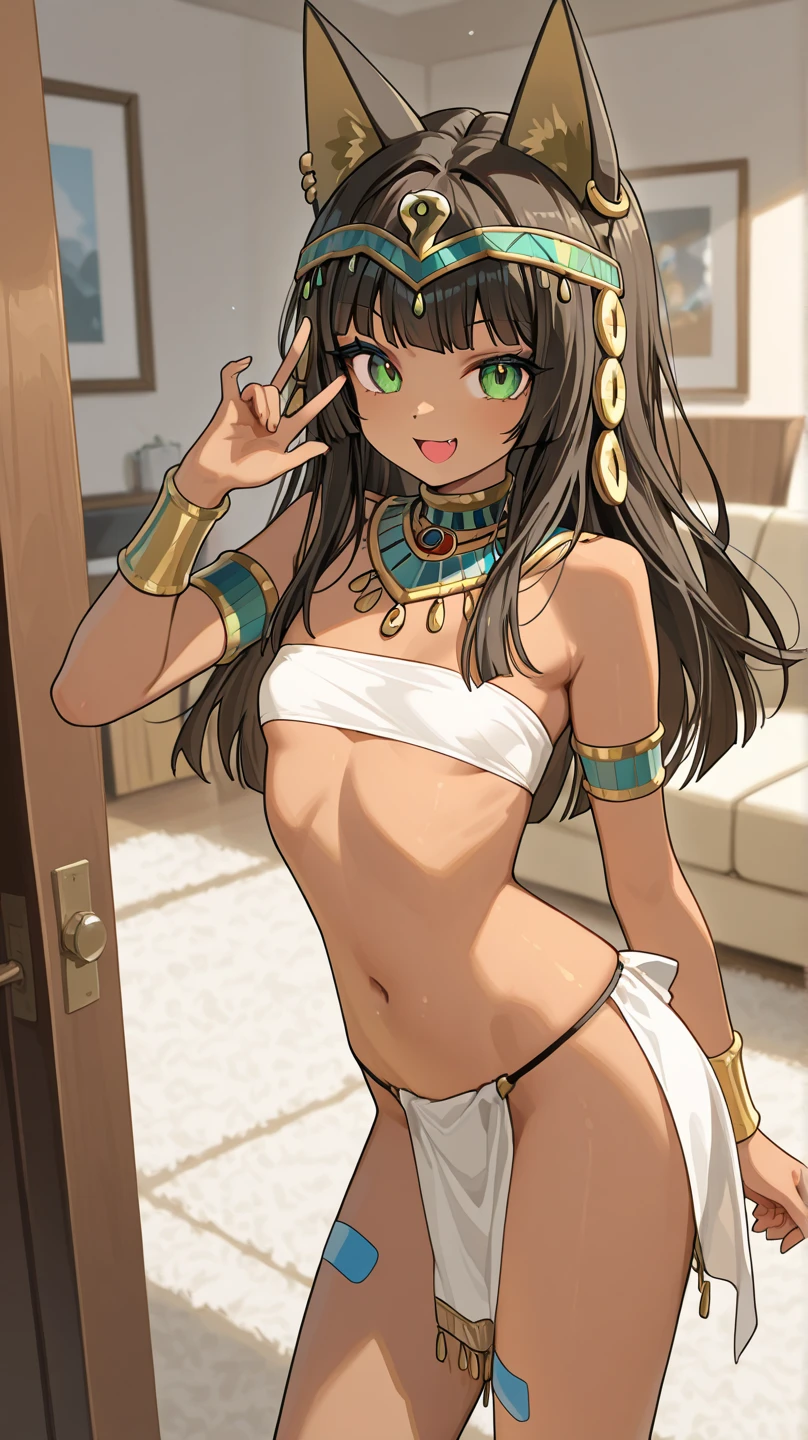 ((masterpiece,best quality)), absurdres, dynamic pose,
<lora:Bastet_v1-10:0.7>, bastet_PD, 1girl, solo, white skirt, brown hair, green eyes, tiara, cat ears, dark skin, jewelry, midriff, very long hair, (small breasts), cat tail,
happy, big smile, detailed face, pyramid, desert,
