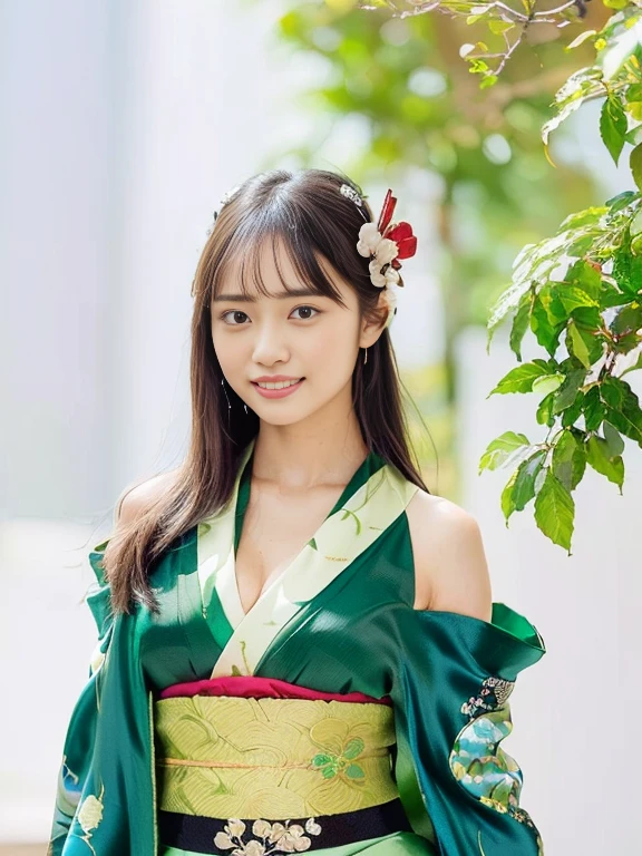 (8K、Raw photography、Highest quality、masterpiece:1.2),(Black Hair、Dark Eyes:1.9),(Green kimono:1.6)、View your viewers,Front view,White skin,(:1.3)、(Tight waist:1.6)、(Clothes that accentuate the shape of the breasts:1.0)、(Big Breasts :1.3)、Slim figure、Ultra-high resolution,beautiful,beautiful fece,(One person、No background:1.9),whole body,Japanese women,(reality的:1.37)、Photon Mapping,reality、(Baby-faced and cute: 1.2)、(Cute Smile: 1.8)、(Round face: 1.8)、Radio City、Physically Based Rendering、Depth of field rally background、photograph, (:1.8),(:1.6)、Great quality