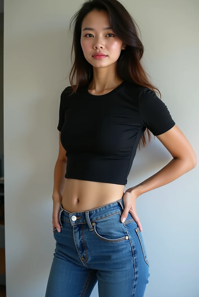 arafed woman in a that's why and jeans posing for a picture, usando um top cropped sexy, wearing top cut, that's why, Waist slender, top cut, Waist slender, nude belly, exposed belly, tight shirt, Waist slender, wearing a cropped top, Physicist : smallest belly ever, thin girl model photo