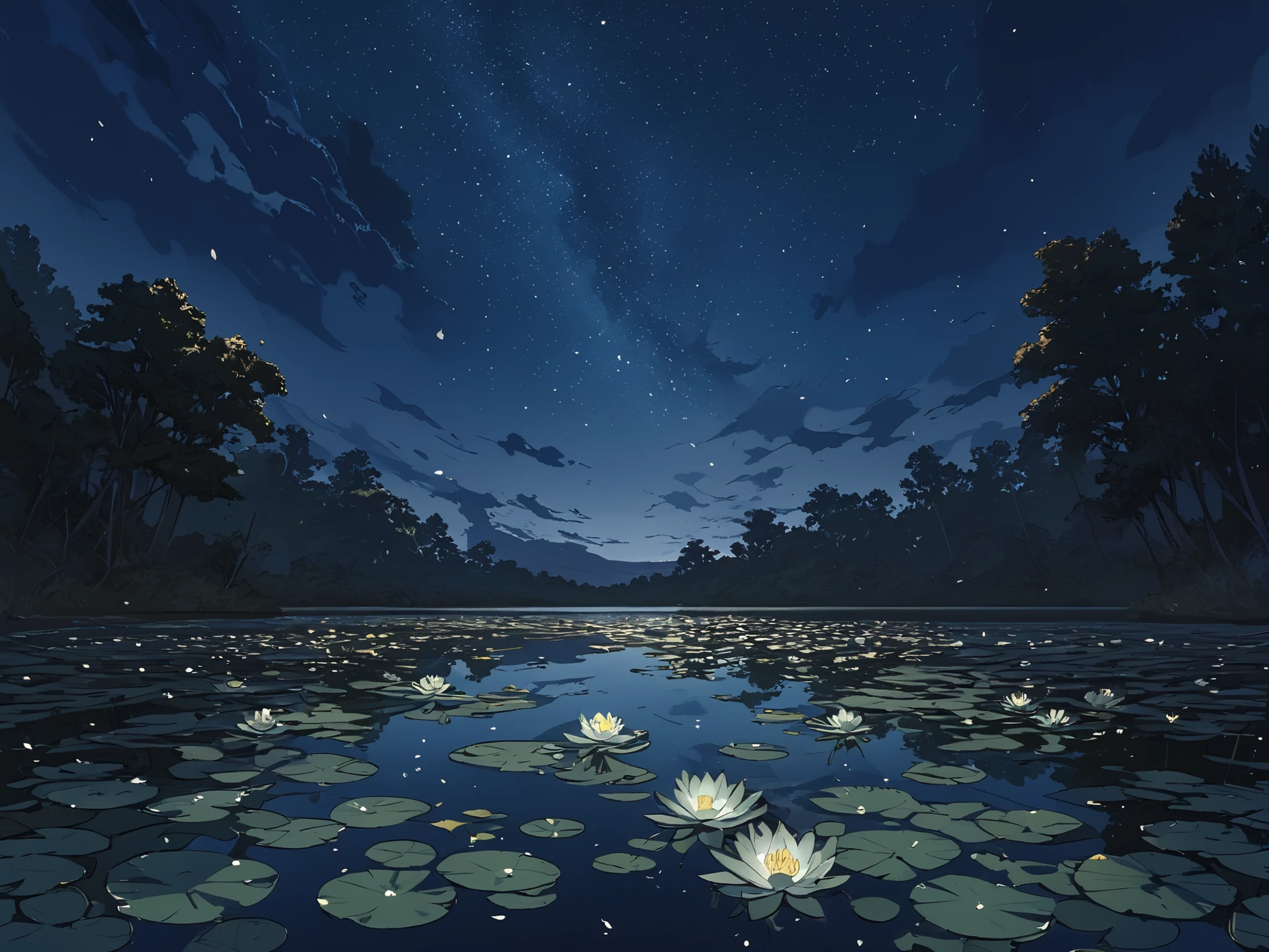 UHD, better quality, masterpiece: 1.4, Ultra-high resolution, extremely detailed, soft light, scenery, (dark sky:1.5), midnight, stars, clouds, flowers, wide angle, lake, lake reflection, water lilies, trees, falling leaves, wind,