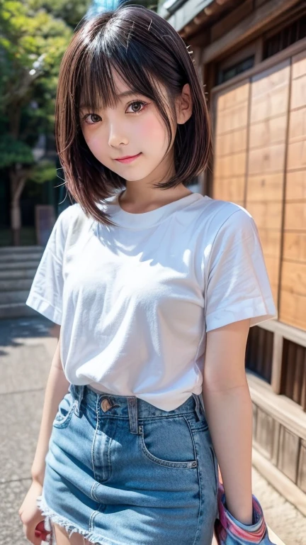 ((Highest quality)), ((masterpiece)), (detailed),Japanese,,Girl,(naked),Blue Eyes,smile,Outdoor,plateau,night,Starry Sky,Bob Hair,See-through,Thea Shirt,jeans,Small breasts,nude,