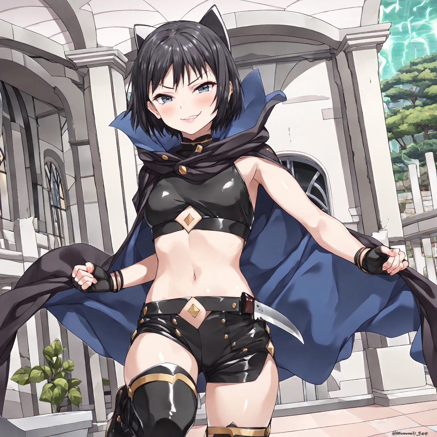 Fantasy, 1 tiny_ Girl, (Loli)++, 10yo, slender_child, cat_ears, Cape,Outdoor,bikini, Shy, (bare_groin,bare_waist)++, hold_huge_sword_hilt, Solo, Thighs, covered_,apart_legs, smile, happy, black_hair, navel_naked, slender_legs,tiny_slender_thighs,dynamic_pose_fighting, open_mouth,