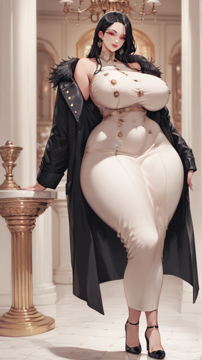 there is a woman in a black polite formal clothes posing for a picture, beautiful thick female, thicc, wide hips, thick thighs, alluring plus sized model, rubenesque, thick legs, large thighs, plus size woman, widest hips, thick body, thick, curvy hourglass figure, curvy model, arabian-Indonesia-japanese goddess , beautiful curvy female, slightly fat arms , wearing 5 bracelet, wearing 3 diamond necklace ,