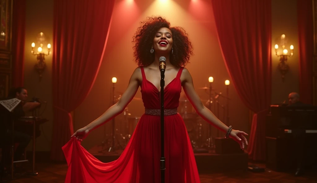 on a gorgeous stage、Black Female R&B singer dancing while singing