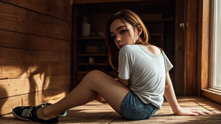 Generate a beautiful girl who is sitting in a university class and looking out the window, with other students around her