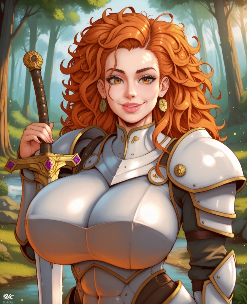Malenia blade of Miquella from Elden Ring, Red hair, golden helmet, Sword. Big breast. Inside Tree Background. Masterpiece, UHD