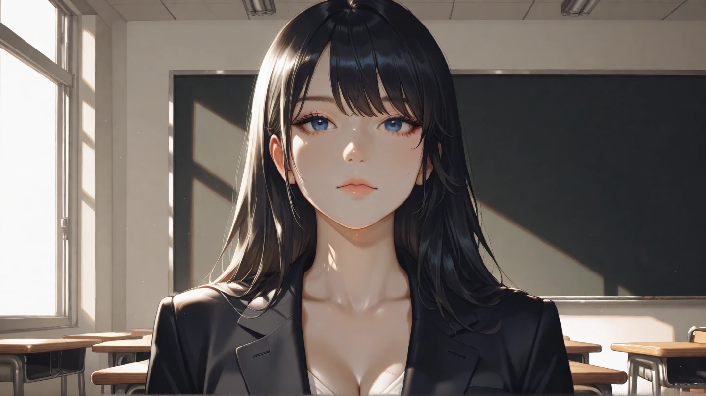 best quality, masterpiece,Black hair, blue eyes, looking up, upper body