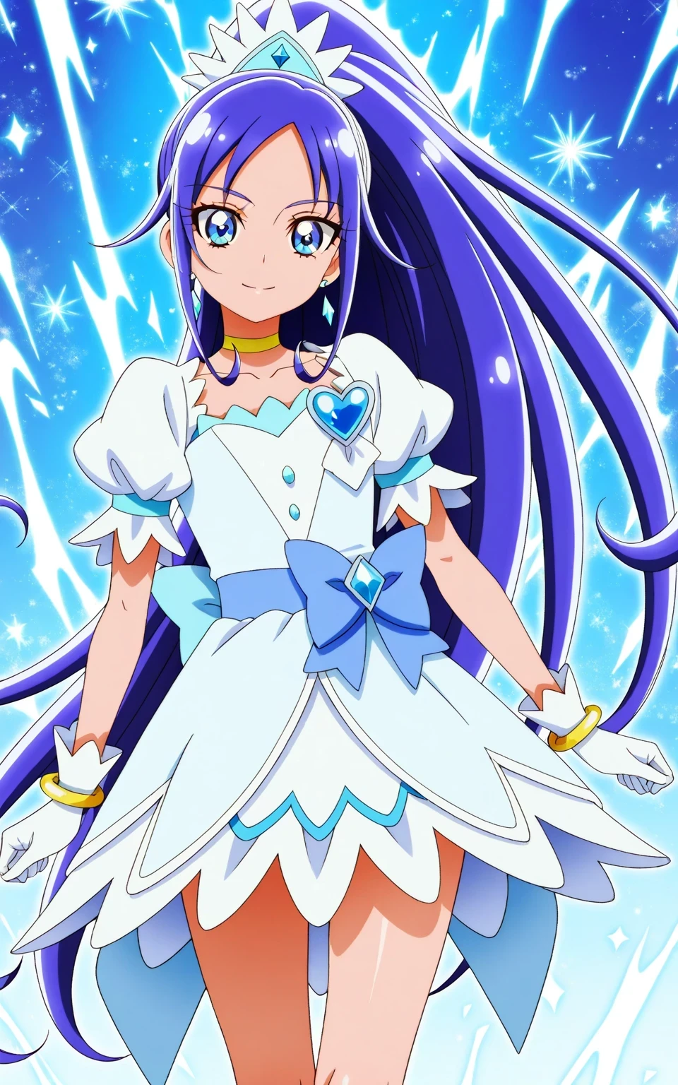score 9 、score 8 up、score 7 up、source anime、傑作、Best quality、Best resolution、anime coloring、1boy、cure diamond、(male:1.olo、boy is wearing a blue dress、long blue hair boy、sparking blue eyes、high long ponytail hair、dia shape hair ornament、solo、sapphire prince、anime prince、 blue mini skirt、collarbone、trapezius、white puffy sleeves、yellow neckwear、yellow チョーカー、white gloves、yellow bracelet、blue waist bow、bare thighs、bare legs、thigh muscles、semitendinosus muscles、hamstrings、adductor magnus muscles、white high heels、official character art、style of magical boy、masculinization、magical boy、 official fan art、 !!Full body portrait!!、 magical boy style、 王子としての王様讃美歌、 MLP fan art、cure diamond outfit、詳細な fan art、 magical aura、 blue ice aura、Best resolution、commission for Best resolution background!、青いドレスを着た男の子、boy wearing white high heels、anime boy is wearing a nice dress、(manly:1.5)、official art、アニメの男の子、male focus、looking at viewer、solo focus、cowboy shot、(male body:1.5)、