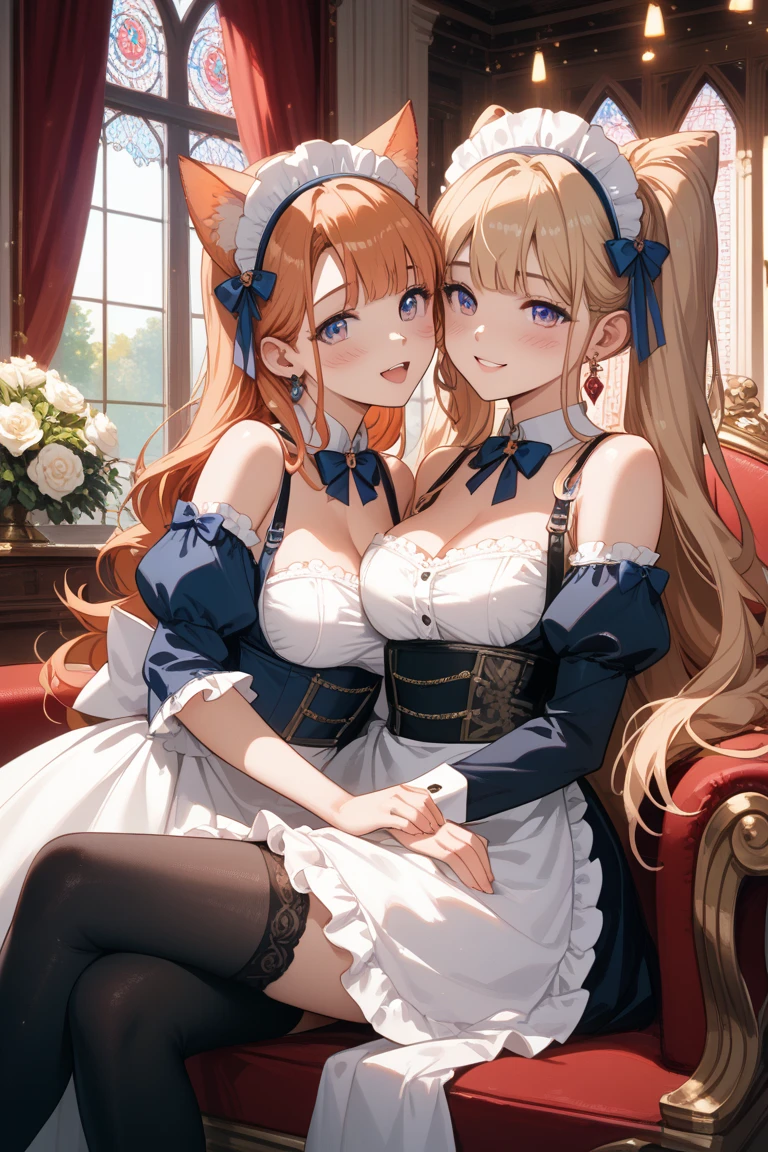 ((highest quality)), ((masterpiece)), (detailed), Staying indoors,((Large furniture)),Perfect Face,Kids,Young,Two Girls,Holding hands,Gothic,corset,Drawers,Headdress,Frills,organdy,happiness,Light coming through the window,Fine dust,Tyndall phenomenon,Dimly lit room