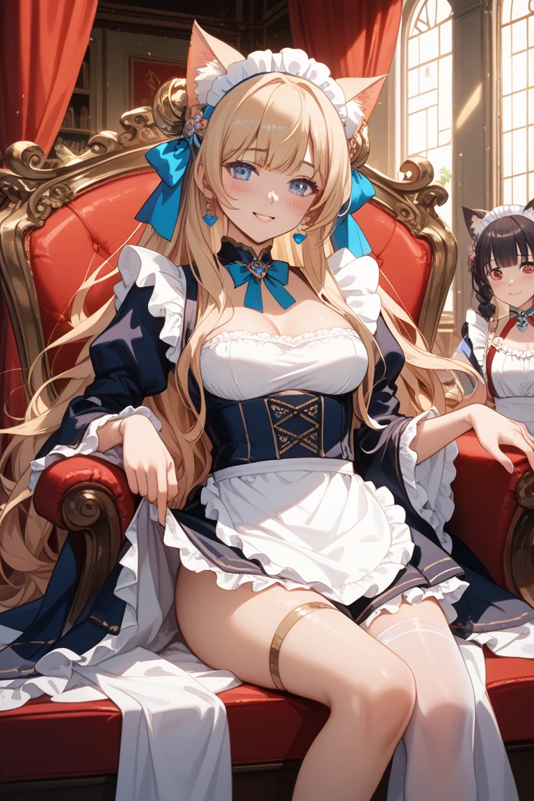 baseado no jogo Dungeon Siege 3, casamento de Catherine com Jeyne Kassynder, 2 mulheres se casando, ambas usam vestido de noiva sexy branco com grande decotes, obra-prima, melhor qualidade, 8k, Altas, dynamic picture, foco nas 2 noivas, prestes a serem defloradas, na sala real de um castelo, cheio de convidados, (convidados desfocados, foco nas noivas)