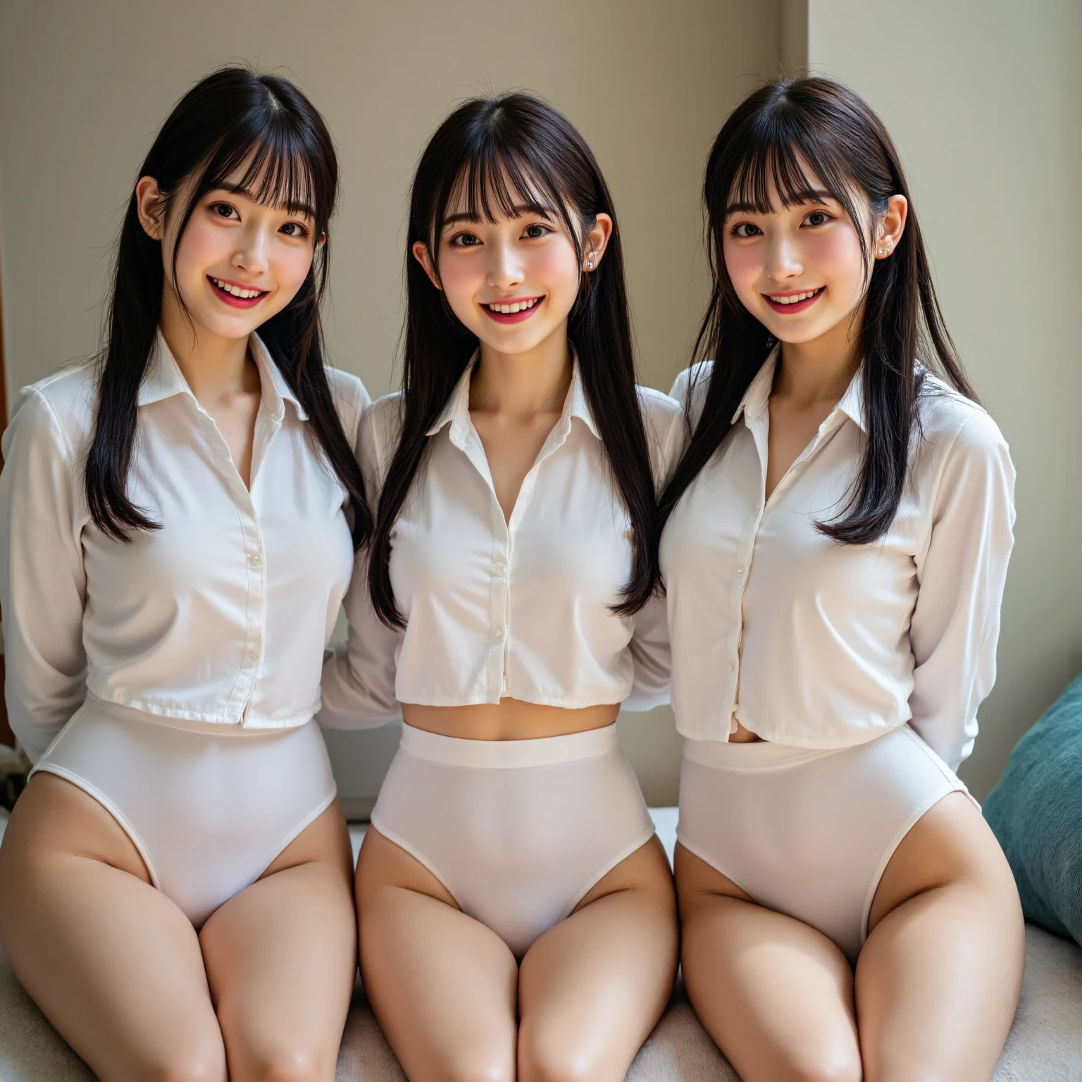 Top image quality、8K、extra detailed face、((Buruma))、Tempting smile、Provocative facial expressions、Mature expression double big eyes、Beautiful eyes、Three women in bloomers taking a photo in front of the window, Girls, Natural makeup、Ecchi style, Smooth, Ecchi, Ecchi style, Realistic style, [ ]!!, , kawaii, kawaii hq render,Colossal tits、((Showing))