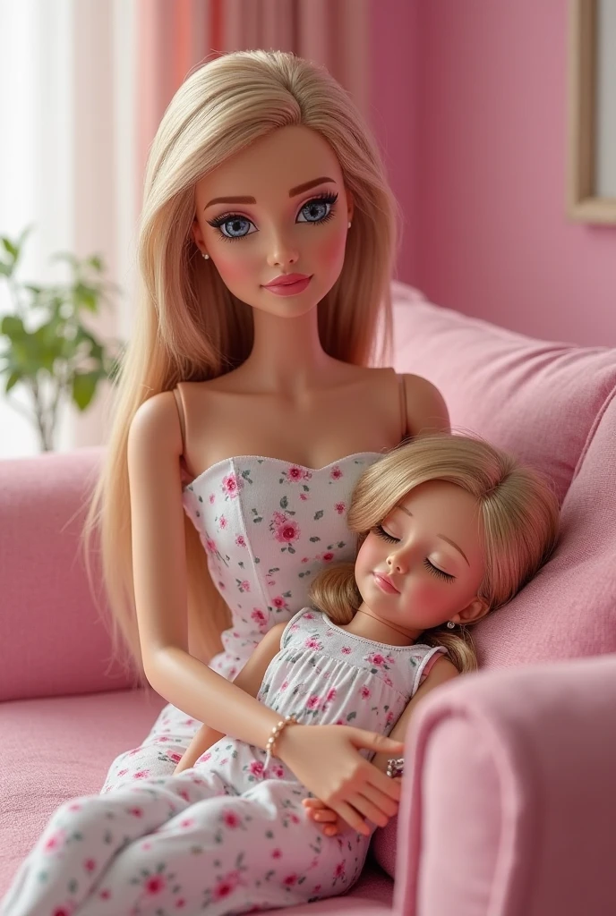 This blonde Barbie is holding a baby in her arms or playing with children. Represents women who are mothers, destacando seu amor, dedication and care skills. This Barbie celebrates motherhood and values mothers in all shapes and sizes, fundo liso, Minimalista, Canon 50mm, realismo, HDR, 16k,4:5, Ultrarrealismoo.