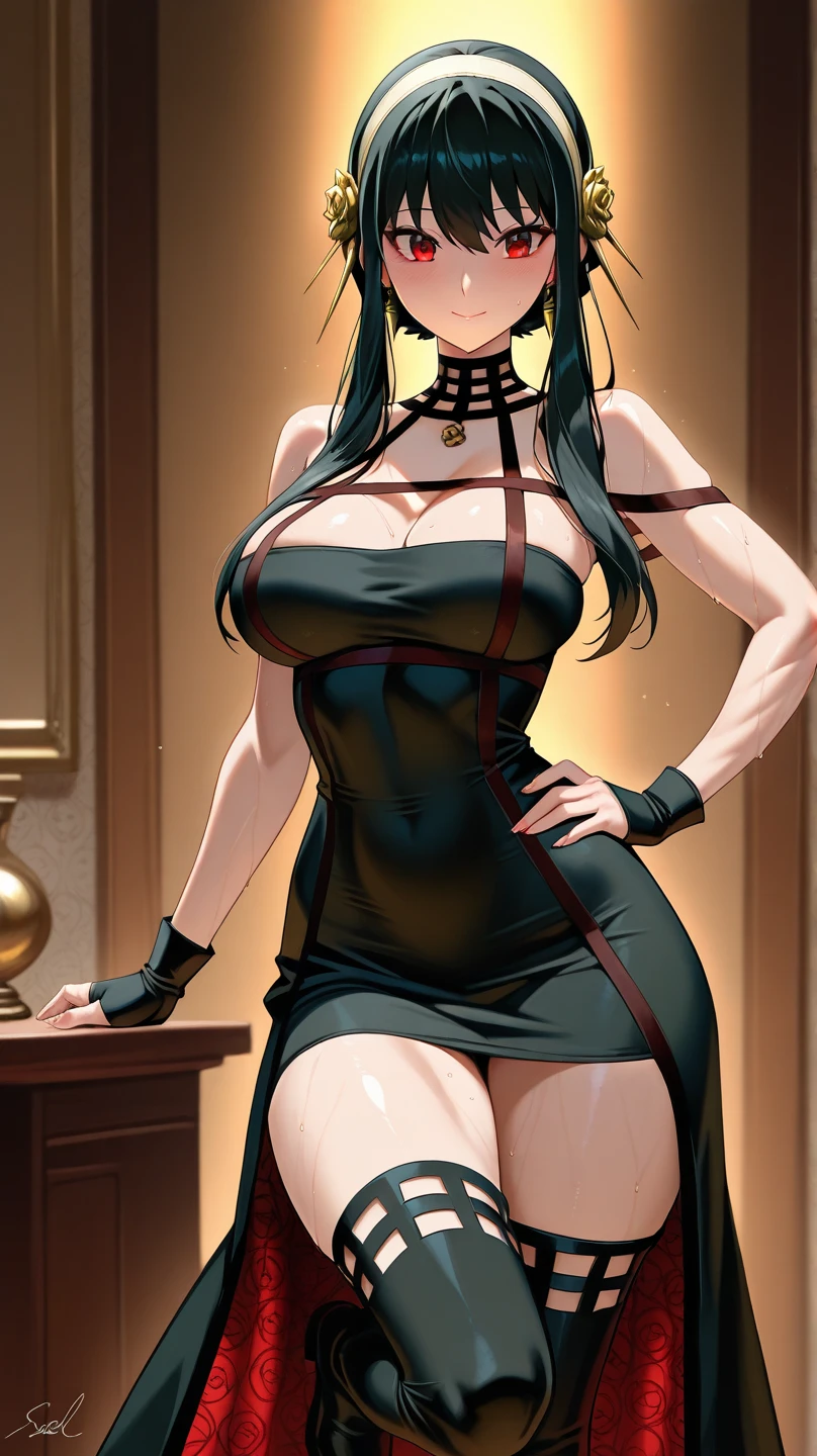 A dynamic view of a tall young woman with a slender and busty frame. long, straight, black hair reaching her mid-back with short bangs framing her forehead in a more elaborate updo formed from braids wrapping around her head and upturned red eyes. a form-fitting halter-style black dress that shows off her shoulders and chest, with a rose choker and a red rose pattern on the inside of her skirt. The front of the skirt is mid-thigh length, while the back reaches below her knees. She also wears a pair of black thigh-high boots with a rose symbol at the bottom of their sole and black fingerless gloves. The headband she wears is gold colored with a rose and two spikes on each side.