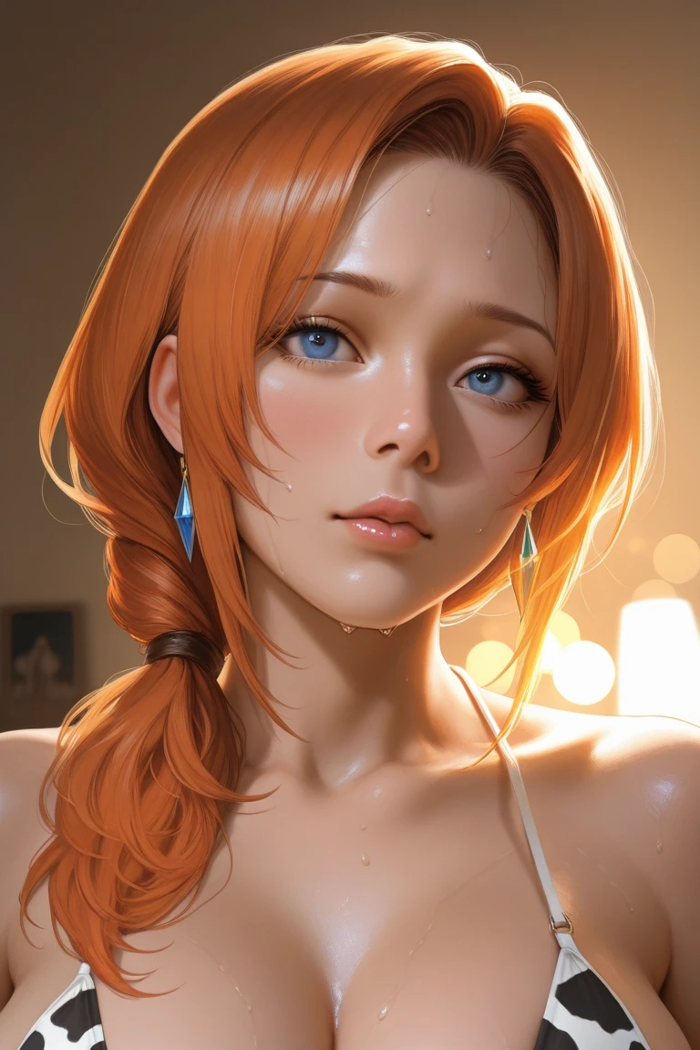 (masterpiece:1.2, best quality), (finely detailed beautiful eyes: 1.2), ((1girl)), ((solo)), (blue eyes:1.4), (finely detailed eyes and detailed face:1.3), (beautiful and clear background:1.2), (extremely detailed, ultra-detailed, best shadow:1.1), ((depth of field)), ((watercolor)), , (illustration:1.1), (extremely fine and beautiful:1.1), (perfect details:1.1),nami, standing, orange hair, just came out of shower and her body is wet and she is hiding her breasts with a white towel