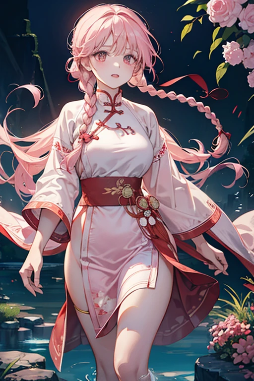An elegant woman in a pink top and white shorts, high details on clothes, flowing cherry blossom silk, intricate clothing, dreamy style, Hanfu, silk clothing, delicate clothes, white and cyan, gorgeous clothing, intricate clothes, high exquisite details, costume design, traditional Chinese clothing, complex and elegant, elegant clothes, soft clothing