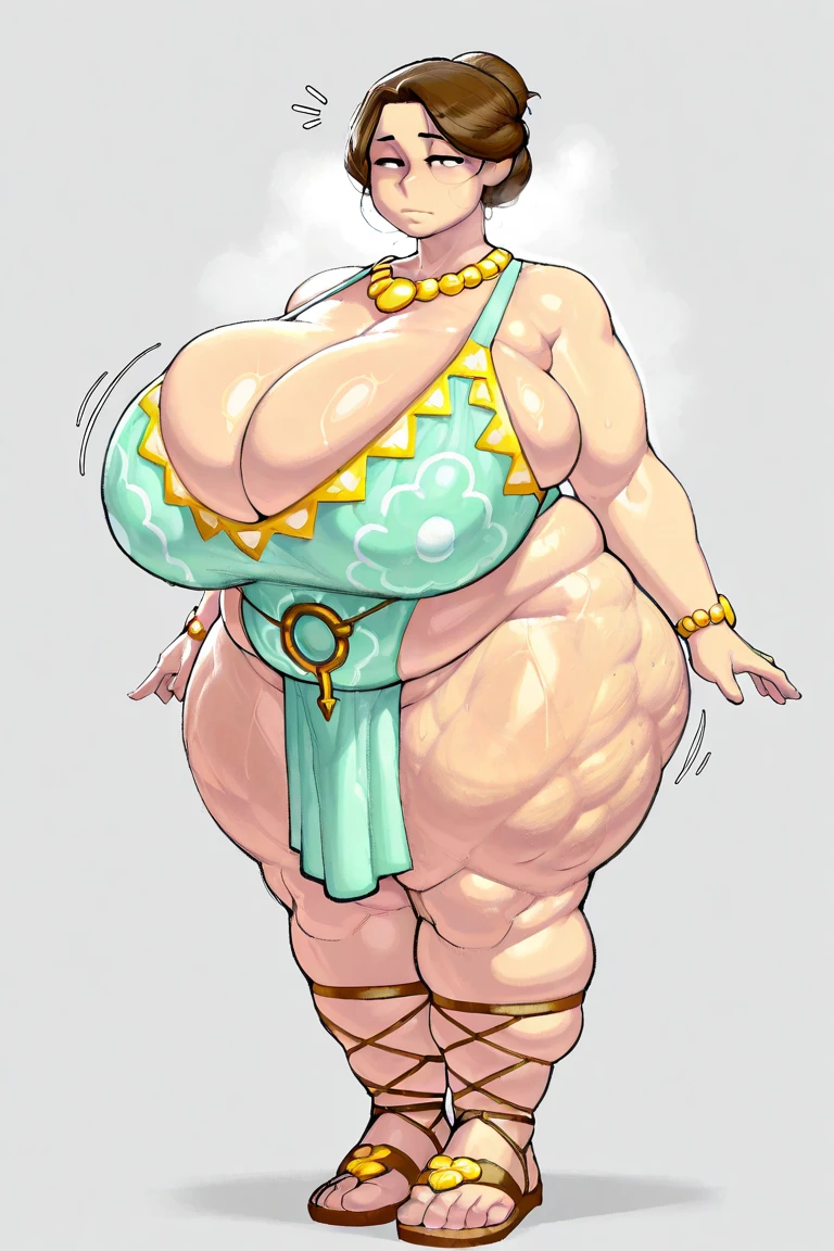 masterpiece, highest quality, High resolution, One girl, solo, sexual intercourse, Pornographic images, short hair, etsukoto, brown Eyes, fine grain, fine grain, long legs, (((Thick thighs, Plump thighs, Voluptuous thighs, Thighs alone are enough))), ((Huge and ample breasts, Cleavage, big long breasts)), Naughty big,((big breasts are important))、((Naughty thighs)), L Cup, (thin:1.4),(Tight waist:1.4), (yellow dress:1.4), ((waist apron)), ((white panty)), (((Simple Background))), ((Wide Hips)), Shiny, Oily skin, Mature mother, Calf, Seductive mature woman, milf, Perfect body, Plus Size Model, curvy, ample, etsukoto, blush, clavicle, retro artstyle, 1990s (style), (thick thighs:1.4), (from side:0.9),
