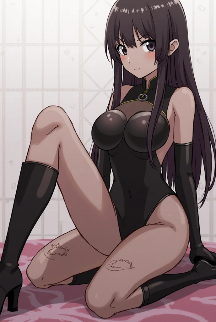 Woman attacked by female zombie、((masterpiece,best quality anime,Highest quality:1.3)),realistic,cowboy shot,(25 year old beauty),Female ninja,1woman,独奏,((very small head:1.4)),((very long body:1.3)),black hair,bangs,straight long hair,gorgeous big eyes,black eyes,sad,((tan skin:1.5、Injury)),(black high neck sleeveless,leotard、black_thighhighs,black fingerless gloves),((slender body:1.3,skinny)),medium breasts,gleaming skin,shiny skin,kneeling,Old shrine in the mountains、night,nsfw,