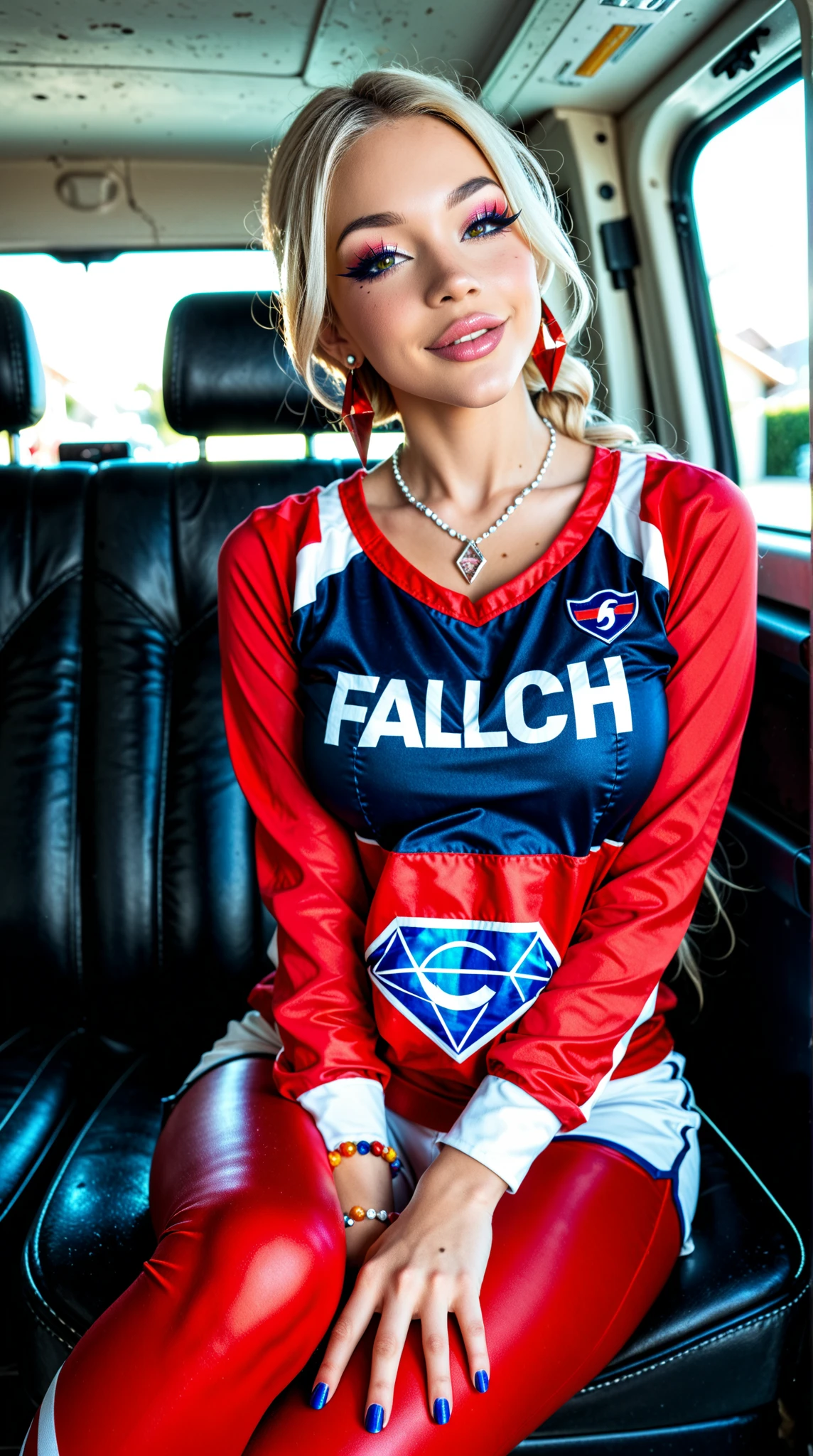 ultrarealistic high quality fullbody photo of a beautiful busty athletic european 18-year-old girl with cute hyperdetailed shy happy face and shoulder length platin-blonde classic bob and long legs, realistic round eyes, red lipgloss, decent makeup with eyeliner, wearing shiny grey spandex longsleeve and metallic blue spandex leggins, hourglass body, outdoor photography, sunny day