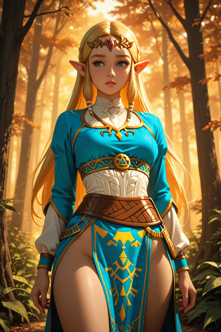 princess zelda, highres, 1girl, full body, (solo:1.5), rear view, looking at the viewer, grabbing her own ass, slim, pale skin, delicate features, absurdres, blue shirt, tight white pants, triforce, jewelry, green eyes, blonde long hair, medium breasts, navel, bangs, parted bangs, parted lips, sidelocks, strapless, in the forest, Hyrule forest, trees, thick eyebrows,
