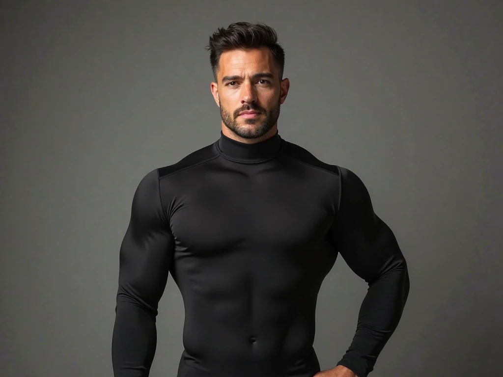 Muscular mature man in his 40s in a tight suit and realistic beard