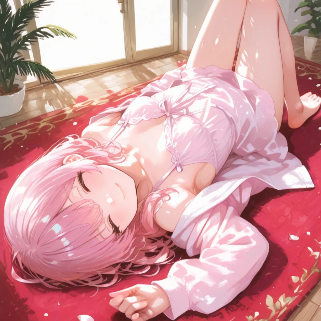 with pink hair,Lie down in bed,,(Wearing thin white kini underwear),,enjoying,Blushed shyly,((White liquid flows down)),Urgency to urinate,It looks painful,Wet,Feet open,Exposing the abdomen,Many tattoos are very thin,((White liquid)),(((comfortably))),(((((Revealed.45))))))