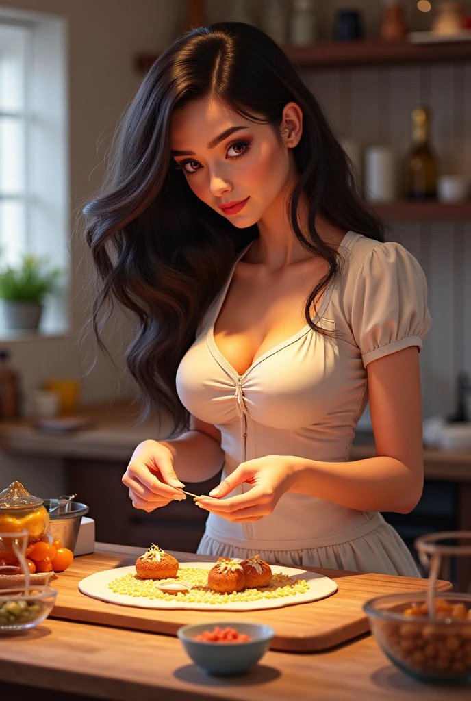 A brunette girl with curly hair and big breasts sits with her legs stretched out, taking a reali noodle