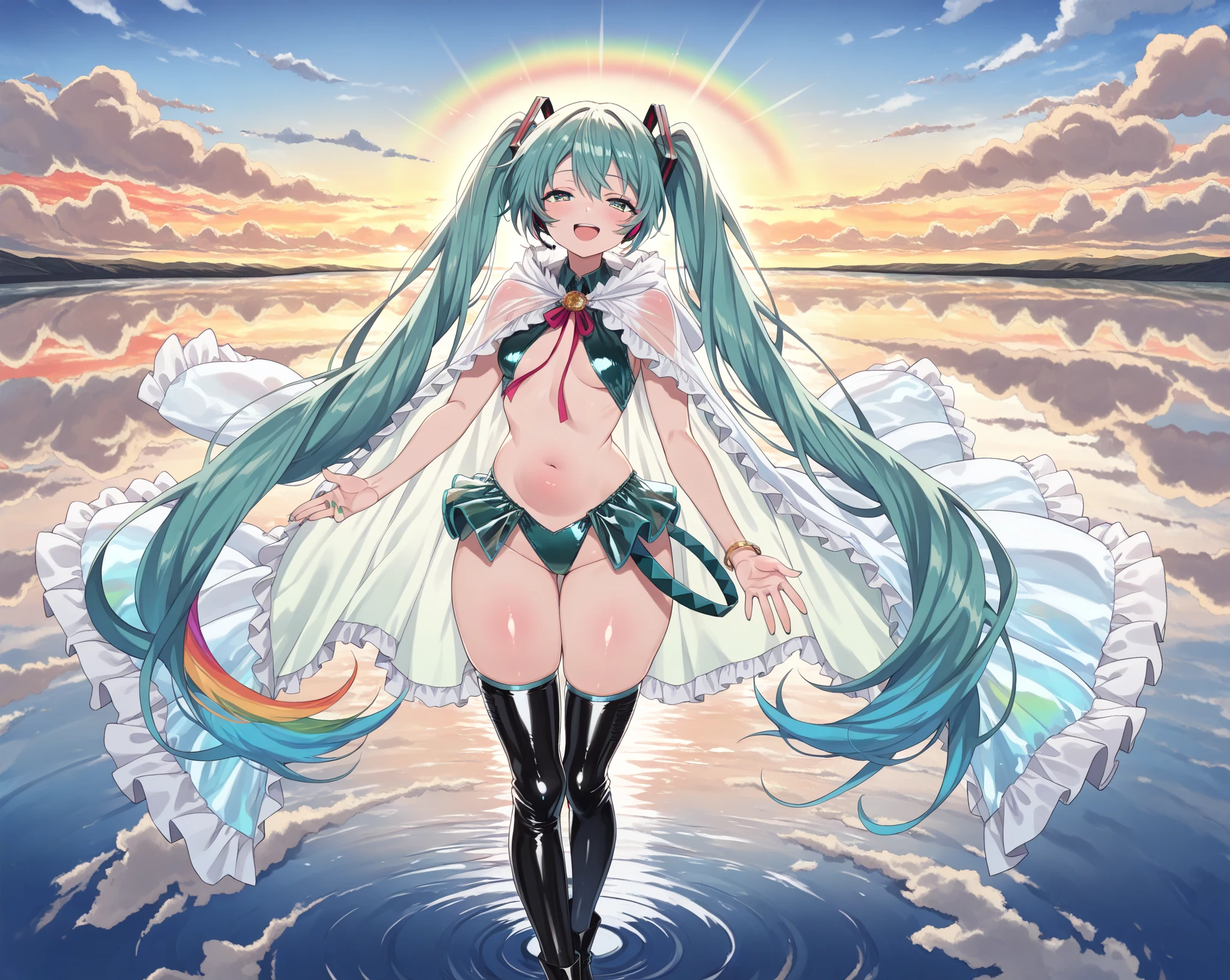 Young Hatsune Miku、girl、独奏、blush、Huge breasts、girl、Kindergarteners、、6 years old、、、be happy、Striped panties、Long skirt、Long sleeve、Colorful idol costumes、Frills、Clothes are see-through、From below、Wet clothes、Transparent nipples、Squat with your legs apart