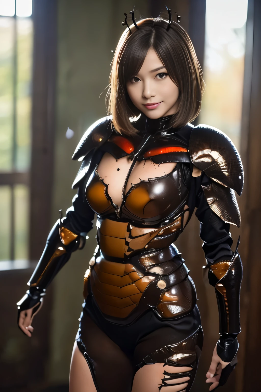 (high resolution,masterpiece,best quality,extremely detailed CG, anime, official art:1.4), realistic, photo, amazing fine details, all intricate, gloss and shiny,awesome many layers, 8k wall paper, 3d, sketch, kawaii, illustration,( solo:1.4), perfect female proportion,villainess, (fusion of dark brown cockroach and lady:1.4), (brown cockroach form lady:1.2), (brown cockroach lady:1.2), (fusion:1.2), (solo:1.4), (evil smile:1.2), muscular, abs, (cockroach brown exoskeleton bio insect suit:1.4), (cockroach brown exoskeleton bio insect armor:1.2), (brown transparency cockroach wing:1.4), (brown cockroach antennae:1.3),