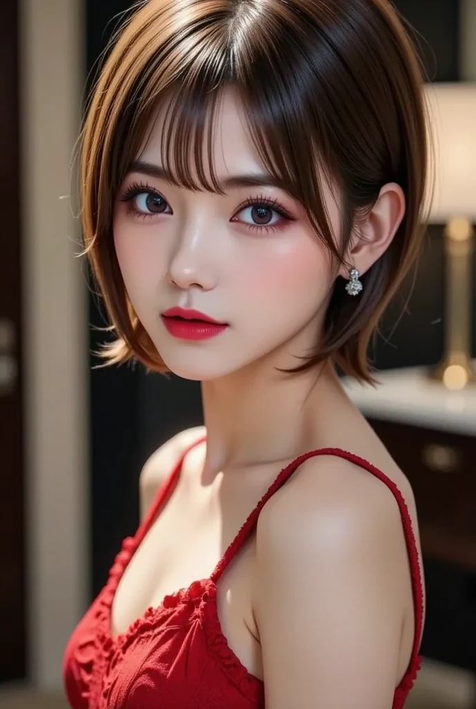 ((close-up photo of face:1.4))、(highest quality、table top、8k、best image quality、Award-winning work)、(one young girl, 14 years old:1.3)、(perfect tank top:1.2)、(red eyeshadow:1.2)、perfect makeup、long eyelashes、Super high-definition sparkling eyes、ultra high definition hair、ultra high resolution glossy lips、Super high resolution perfect teeth、Super high resolution cute face、brown hair、(very short straight hair:1.1)、look at me and smile、[clavicle]、accurate anatomy、(close up of face:1.5)、Luxury love hotel、(The most moody warm lighting:1.2)、black background、With bangs、Super high-resolution glossy and moisturized face、Super high-resolution glowing skin、most detailed face、Ultra high resolution detailed faces、ultra high resolution hair、Super high resolution sparkling eyes、Beautiful face drawn in every detail、Super high resolution glossy red lips
