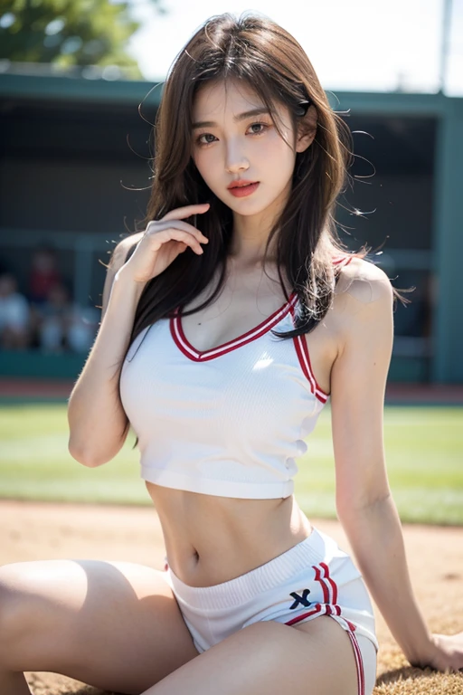 (Best Quality, 8K, 32K, masutepiece, nffsw:1.2), (1 slender woman of Japan, 28 years old, Tall gravure model), dark brown hair, Bright foreground, Professional Lighting, Photon mapping, Radio City, shading:1.3, (high-detail skin:1.2), ((Huge breasts:1.3)), (Shorts, exposed shoulder:1.1), randome pose, ((Provocative Dynamic Poses)), (she is soaking wet), top-down view:1.5, (baseball uniform:1.1), hyperdetailed face, Detailed lips, Detailed eyes, Double eyelids, Inside the stadium, Looking Camera, (Sensual gaze on the photographer, lips slightly open), Breaking the clear sky, Baseball Stadium, The audience gets excited, Confetti flies, Happy smile,