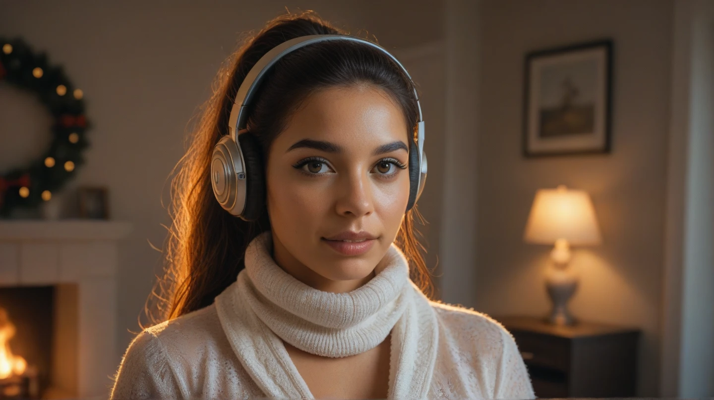 a young girl studying with headphones on,(orange glass:1.2),(detailed face,beautiful eyes,delicate features:1.4),cozy study room setting,(warm lighting:1.1),(photorealistic,ultra-detailed,8k,best quality:1.4),(digital painting,oil painting,cinematic lighting:1.2)
