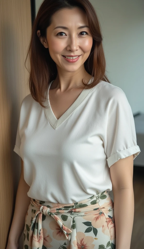 Dark brown hair, Light brown eyes, Japanese women, teacher、40 years old, Intricate details, Full body photo, (Detailed eyes), (Detailed facial features), Highest quality, Ultra-high resolution, 8k resolution, Written boundary depth, School corridor, Medium sized breasts, Wearing a thin white blouse, (short hair), (View your audience), (Standing in a sexy pose)、Maxi pencil skirt、High heels、