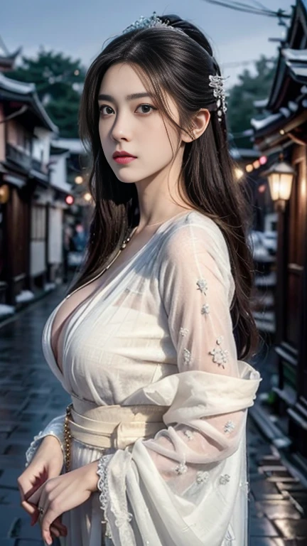 Best quality,masterpiece,ultra high res,(photorealistic:1.4),xiuxian,weapon,Detailed face,, 1girl,solo,weapon,cleavage,(magic circle:1.2),xiuxian,upper body,Beautiful girl,full body,east asian architecture,sheath,architecture,