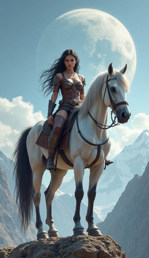Dynamic Movie, cinematic film still ((large cleavage)), ((riding a majestic red horse:1.34)), (long legs), In the heart of the Arctic desert, a fierce and resolute female warrior gracefully depicts in a captivating Mystery-fantasy full-body illustration. Her icy gaze pierces through the frozen darkness, reflecting the harsh yet mesmerizing landscape that envelops her. Adorned in armor adorned with intricate frost patterns, she gracefully depicts as a symbol of strength and resilience against the biting cold. ((Her shimmering reinforced cloak, woven from strands of ice and snow), billows majestically in the frigid winds), adding to her mystical allure. Surrounded by the unforgiving blizzards and icy terrain, she embodies the indomitable spirit of the Arctic wilderness. With each graceful movement, she invites viewers to immerse themselves in the frozen beauty of the Arctic desert, where every snowflake tells a story of survival and strength. Inspired by the stark beauty of the Arctic desert and the visionary works of ((Greg Rutkowski), by Milo Manara) and Yoko Honda, this illustration captures the serene yet formidable nature of the frozen landscape, inviting viewers to explore its icy clarity. . intricate detail, 8k uhd, soft lighting, high quality, film grain, Immersive Point of view, clear lines, glossy surface, oily gloss, perfect composition, symmetrically arranged depth of field, dynamic perspective, subsurface scattering), bokeh, decorative, symmetrical, ((dynamic)),((vignette))), highly detailed, high budget, cinemascope, moody, epic, gorgeous, wide angle, cinematic establishing shot, (attention-grabbing, catchy), shallow depth of field, cinemascope, moody, epic, gorgeous, film grain, grainy, volumetric lighting, subsurface scattering, special effects, color grading, fantasy aura, (vibrant colors, sharp focus, cinematic bloom), official art, official wallpaper, surreal, whimsical atmosphere, powerful energy, cinematic lighting, (extremely intricate), (adorned, glossy, crisp focus), perfect anatomy, transparent, polishing, glowing, shine, dazzling, crisp contrast