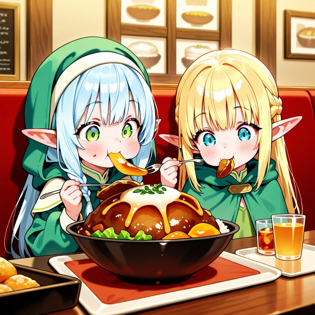 Realistic hand drawn style with cute elf characters、Everyone is eating a big parfait for the party