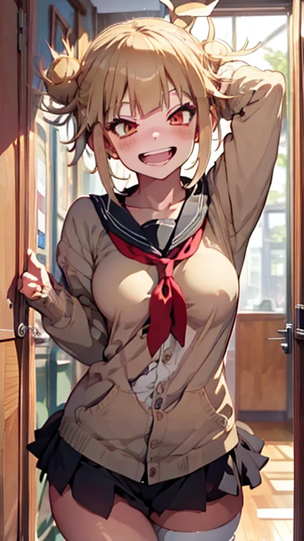 anime art, punctuation_9, punctuation_8_High above, punctuation_7_High above, punctuation_6_High above, punctuation_5_High above, punctuation_4_High above, toga himiko, breasts big, She is 24 years old, styled_3, ,,, yellow eyes , , , , _, , His usual outfit consists of a simple seifuku with a very short Kansai collar and a wet, translucent texture., with the eyes appearing a little., both the short skirt showing the thin, translucent white panties and the small, transparent dark blue shirt with a double white finish, really small, which is combined with a red scarf that she ties loosely below almost falling down. On top of this, She wears a small beige cardigan with small hem and cuffs , and pockets on both sides, the one on the right shows a series of trinkets on a keychain or on a cell phone strap. She wears black knee-high socks and dark brown school shoes.. fundo cinza, the view would be of her from the coast and a view below her, your ass would be very big and your panties would be very thin, the poico skirt covered it, and she wasn't wearing a bra under her see-through t-shirt, causing your nipple to show, bigger and more visible breasts, song much more transparent, more apparent and voluminous intimacy