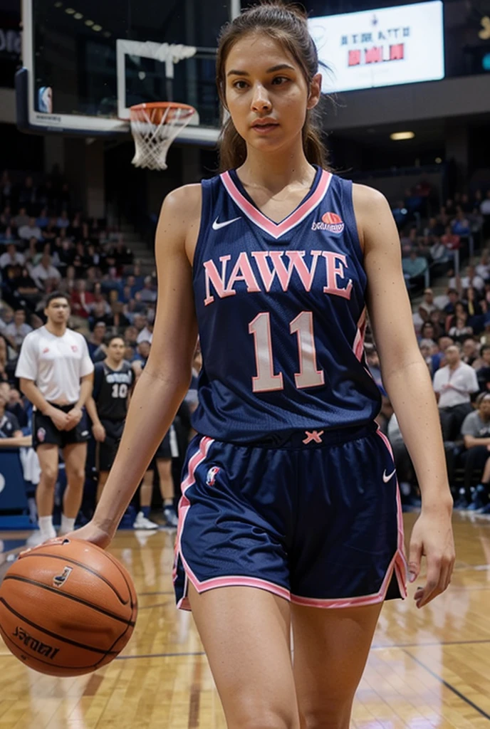 1 girl standing, wearing a basketball jersey, extremely detailed, realistic, holding a basketball, 27 years old, long hair, beautiful detailed eyes, beautiful detailed lips, extremely detailed face and skin, muscular athletic body, dynamic pose, basketball court background, warm lighting, cinematic atmosphere, photorealistic, 8k, high quality, detailed description