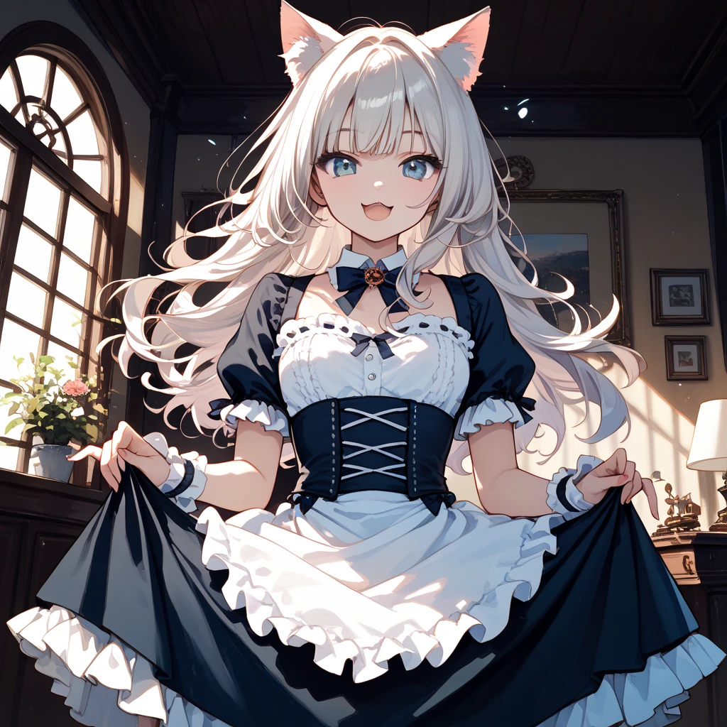 masterpiece, {{{{Highest quality}}}}, beautiful,1 girl, White_hair, cat ears(White), cat tail(White), frilled choker、miniskirt_dress, bare_shoulders, garter belt,garter straps