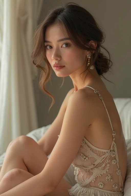raw, obra-prima, foto ultrafina, melhor qualidade, Ultra high resolution, foto realista, menina 13 anos  tailandesa , vestido transparente, corpo bem definido, middlebreasts, olhos verdes, pernas lindas, altamente detalhada. rosto detalhado, pele detalhada, foco nítido, vista de cima, vista do corpo todo, lying with legs spread showing pubis.