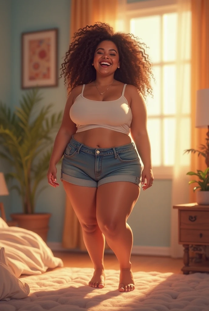 woman sitting on a couch using a cell phone in a living room, in shorts, checking her cell phone, checking her phone, large thighs, 35 year brazilian mother, full length view, photo from the back, wearing a camisole and shorts, exposed thighs!!!, side portrait, her belly button is exposed, her tiny hands are on her thighs