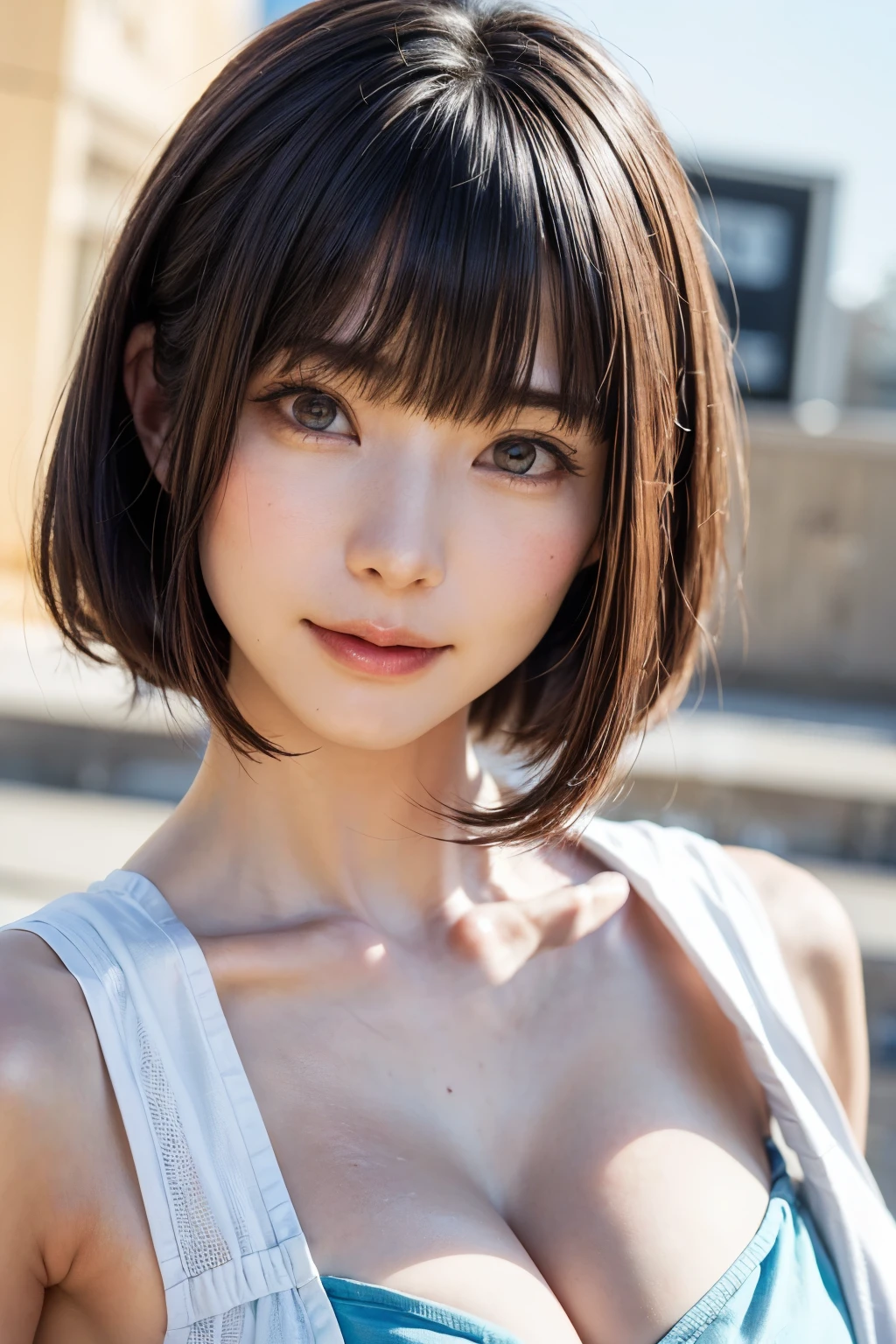 1人、top-quality、realisitic、report、depth of fields、natural soft light、during daytime、魅惑的、beauitful face、Cleanliness、Pure face、de pele branca、cute hawk hair、bangss、the beach、rays of sunshine、Nedium Breast Body Esbian、((Beautiful face with sweater golden ratio Beautiful face with symmetry))、long neck、Put your ears out、bangssのあるきれいな短いボブヘア、Smile with your mouth closed:1.4、Smile with your mouth closed:1.4、perfect hand指、perfect hand、Perfect body、face perfect、Shine a light into the eyes、Perfect Anatomy:1.4、very cute super model:1.4