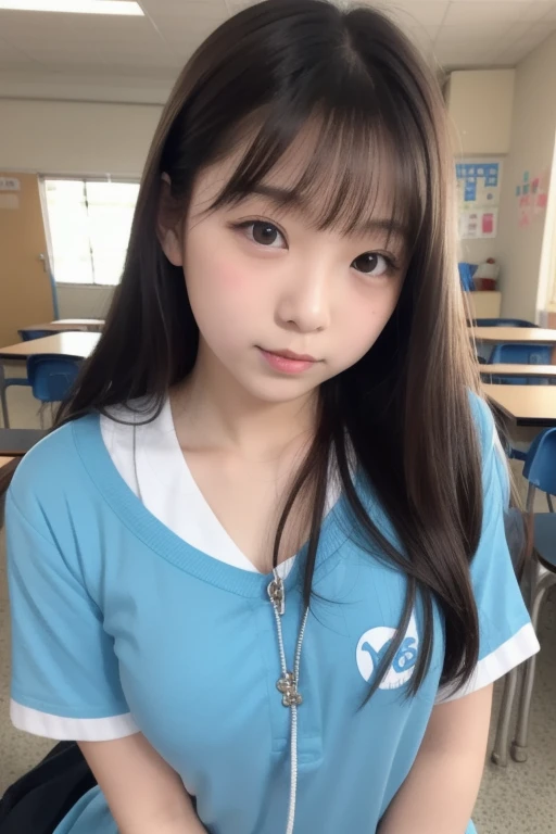 Tabletop, highest quality, 8k, 15 year old, Small breasts、((Big eyes))、RAW Photos, Absurd, Award-winning portraits, smile, alone, Daytime, Idol&#39;s face, Delicate girl, Upper Body, Digital single-lens reflex camera, Looking at the audience, Frank, Sophisticated, Thin arms, Soft rays of light、Professional Lighting,  chromatic aberration, (Eye and facial details:1.0), ((Browsing Caution:1.7、Realistic))、1 girl, ((Girls&#39; school uniform)), Looking at the audience, Young Face、A satisfied look, (( Spread your legs、Open your crotch)),Show me your breasts、classroom、Exposing breasts、Small breasts