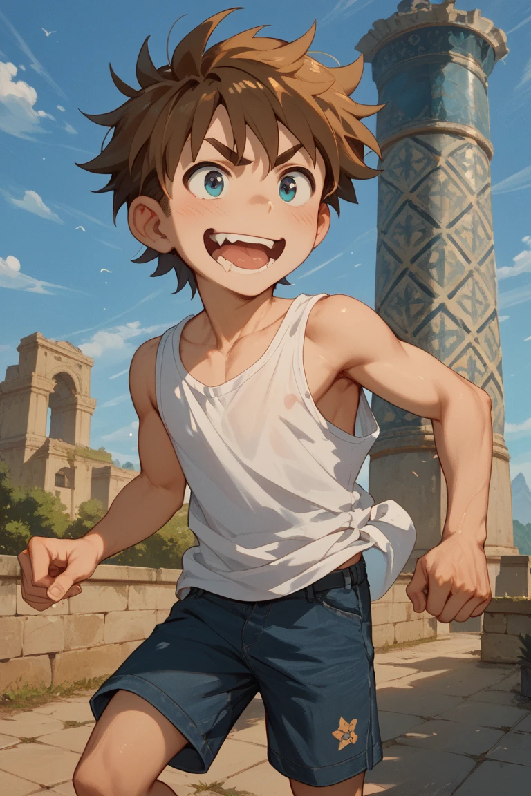 a 7 year old boy with curly ginger hair,hazel eyes,freckles on the face,smiling,in the water, red speedo,cinematic lighting,dramatic composition,vivid colors