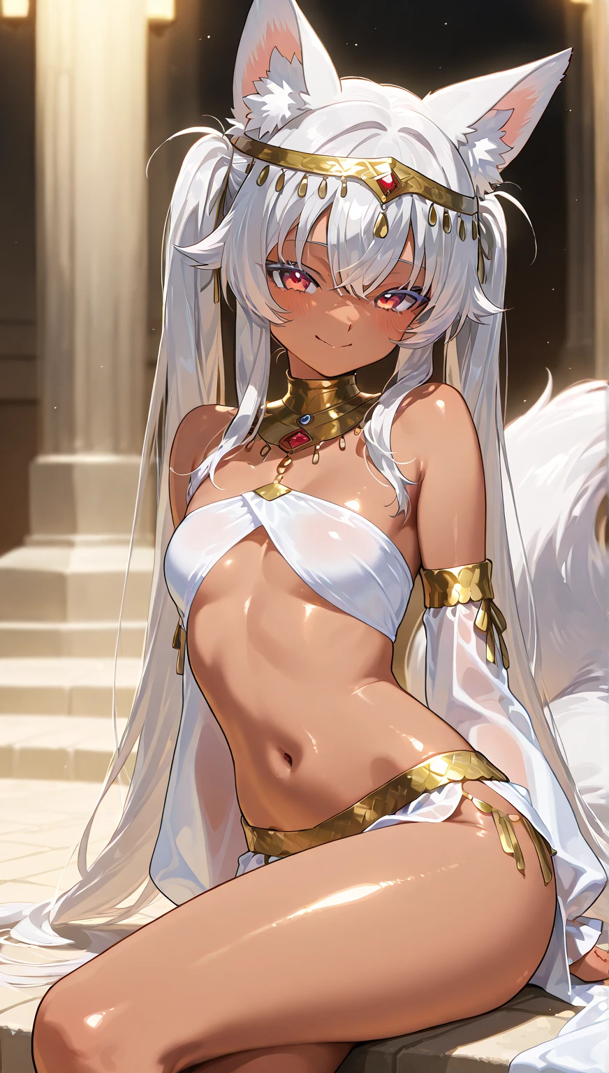 best quality, masterpiece, detailed, GranartNeedakitta, 1girl, grin, dark skin, white hair, very long hair, yellow eyes, slit pupils, cat ears, egyptian clothes, neck ring, gold trim, halterneck, armor, cleavage, standing, looking at viewer, arena, stone