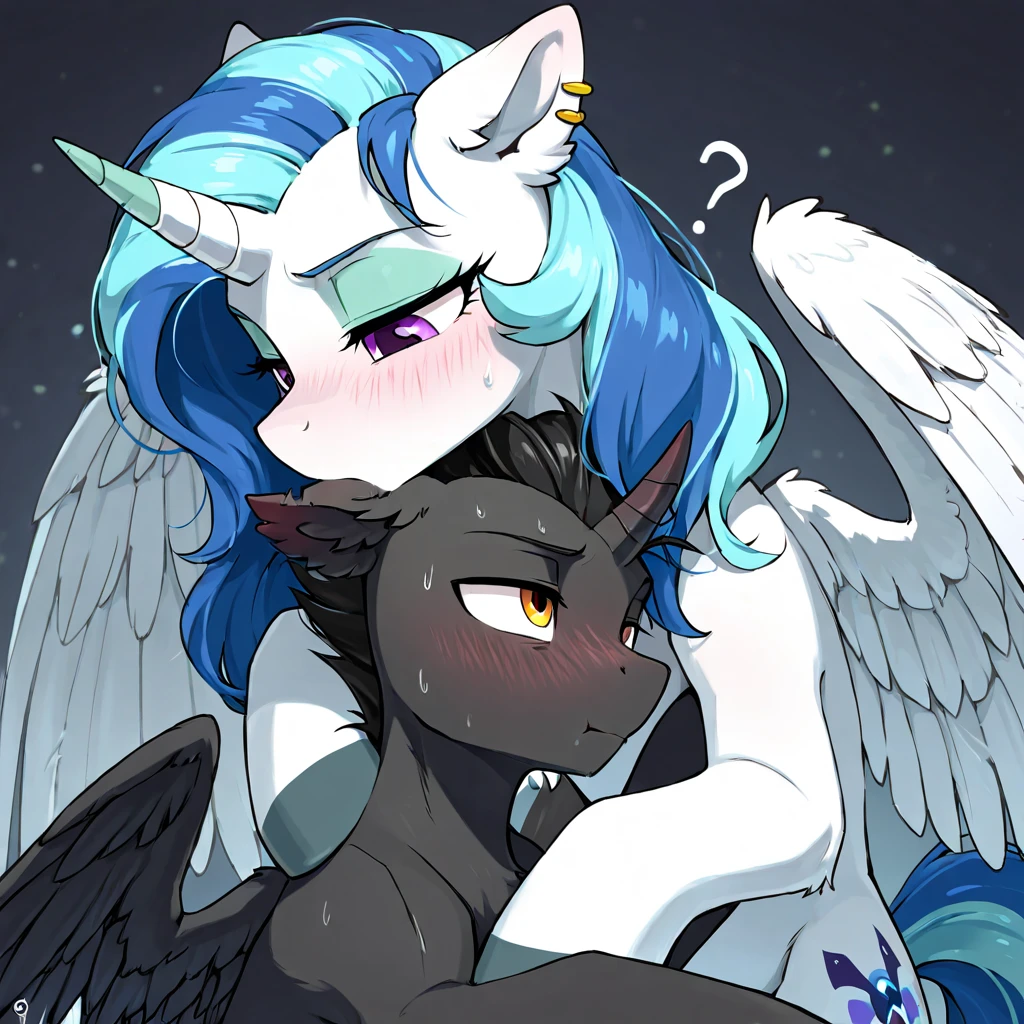 Alicorn princess and stallion , white mane, ,black fur color long flowing mane pink eyes anthro huge breasts ,sexy panties wearing bra sexy holding arms love couple ,cuddling in bed