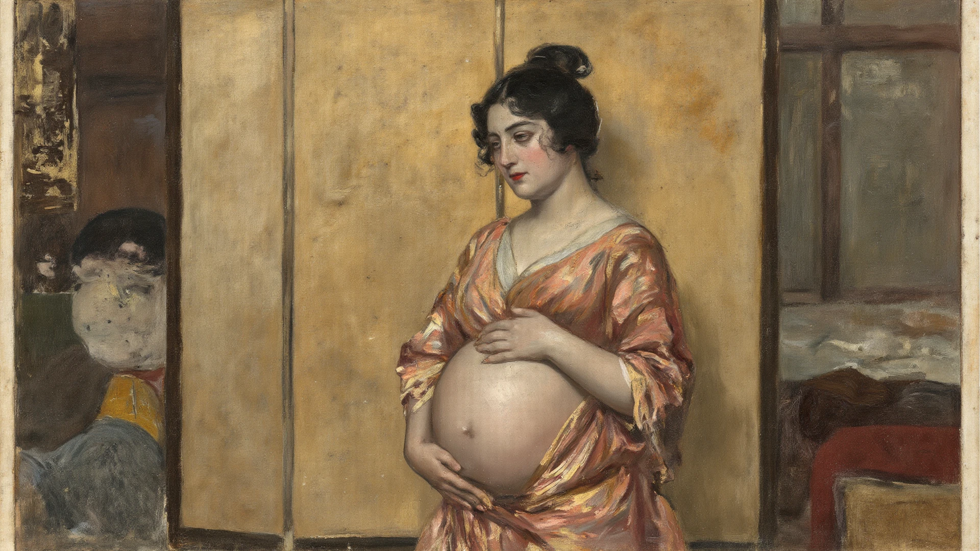 portrait of a pregnant woman, stunning, highly detailed, 8k, ornate, intricate, cinematic, dehazed, atmospheric, (oil painting:0.75), (splash art:0.75),(teal:0.2),(orange:0.2), (by Jeremy Mann:0.5), (by John Constable:0.1),(by El Greco:0.5),(acrylic paint:0.75), (watercolor:0.15), brushstrokes visible, some stains