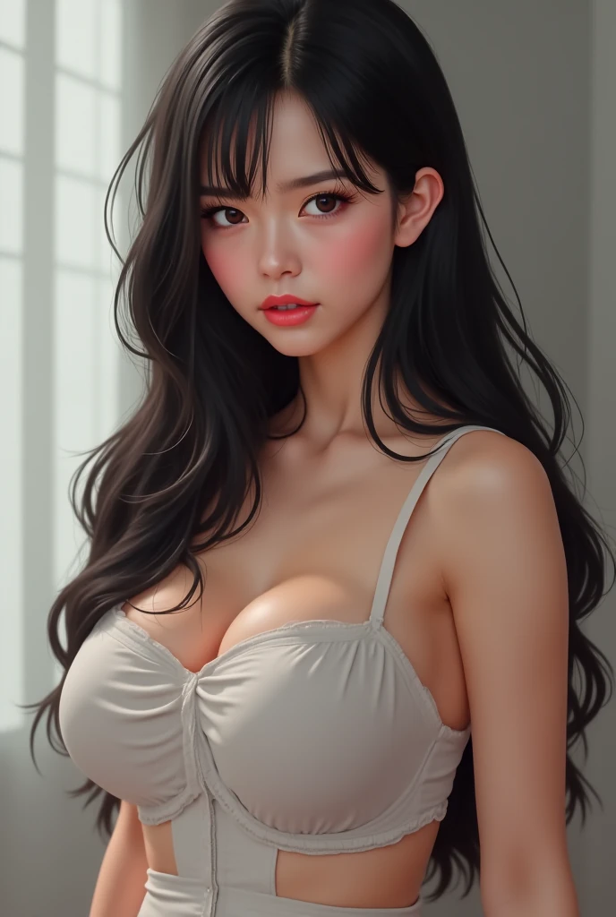 Woman exposing cleavage, F cup breasts, black camisole, thighs, face, Japanese beauty, cute, realistic drawing