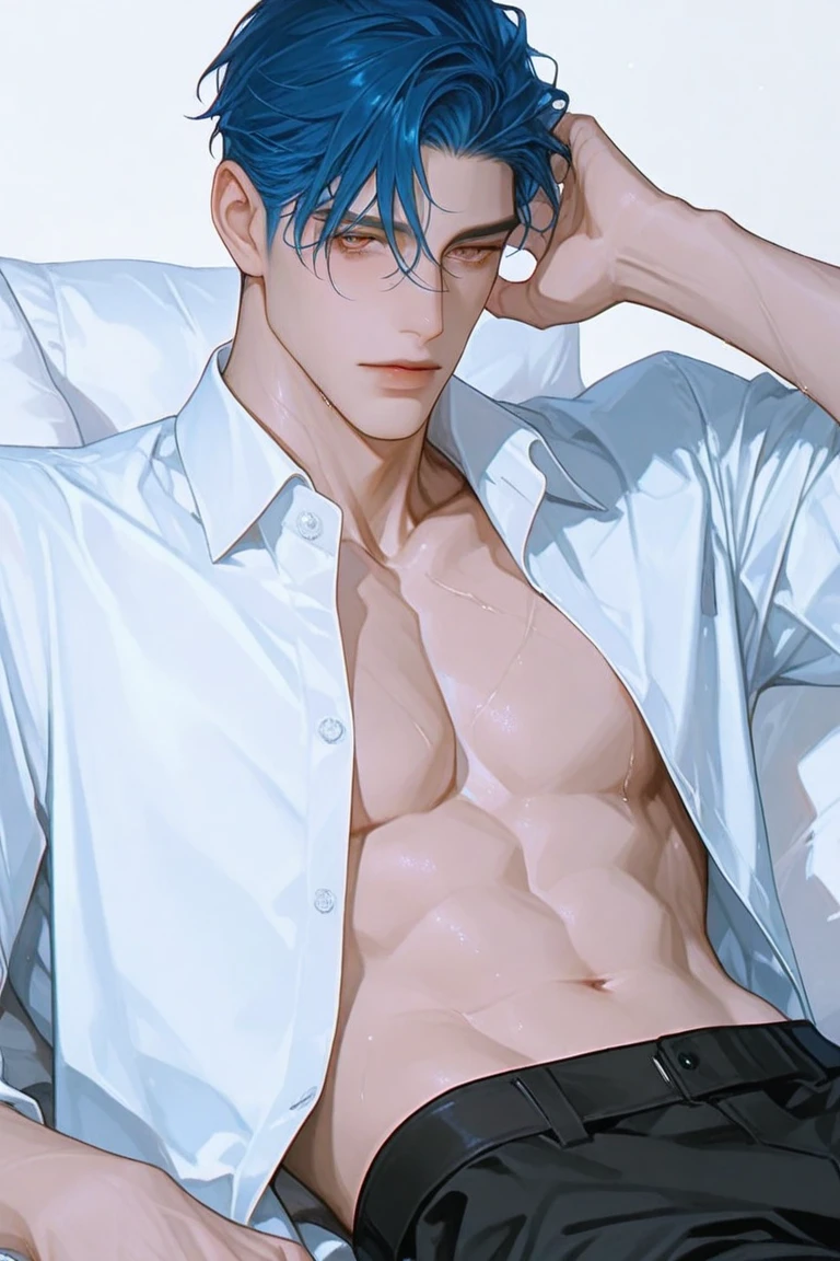 (Ultra detailed quality: 1.5, 8k photo, Ultra HD photo, Sharpness: 1.5, Super detailed photo sharpness, Super high resolution), 1 guy, Super handsome, The most beautiful boy in the world , Beautiful male model, Attractive male lead 18-22 years old, Long hair, (Blue hair: 1.5), Natural skin, smooth, Cute, Korean, Wearing earrings, Transparent white shirt , ((Shirtless)), Six-pack abs, Toned abs, Hairless, White panties, ((Black shorts)), Summer, Green lawn, Blue sky